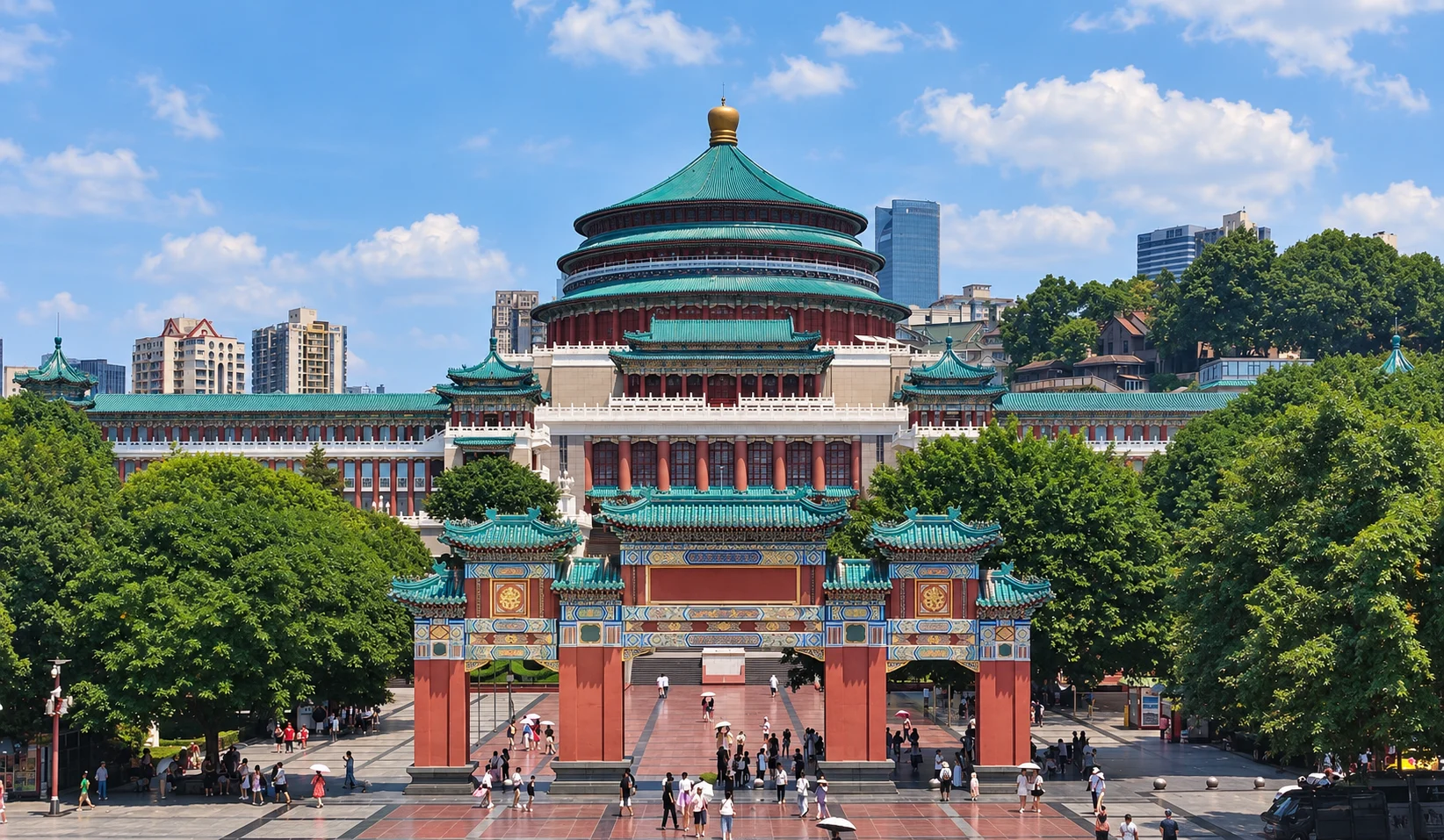 Green glazed roofs and the central dome of Chongqing People's Auditorium