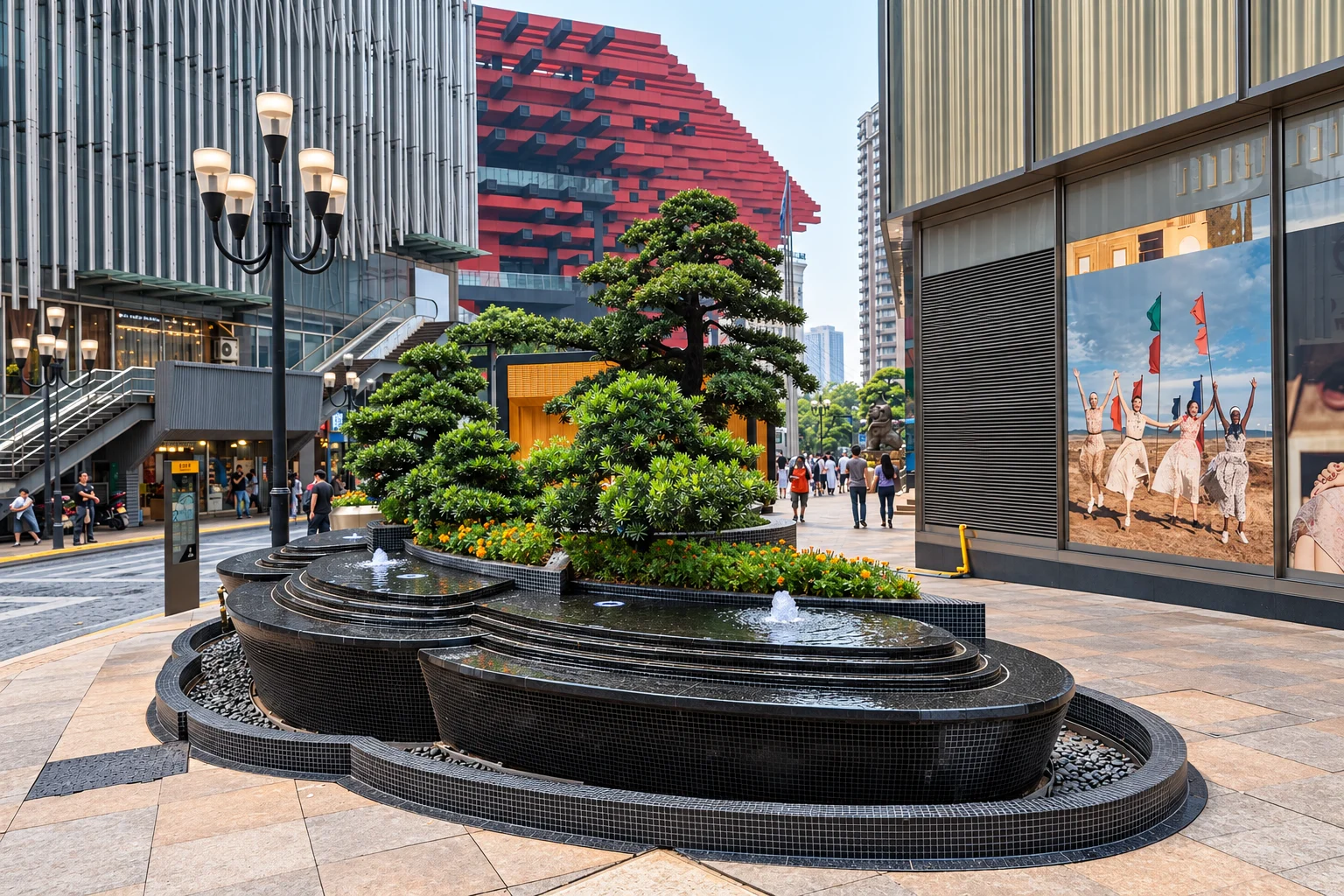 A fountain and shops in Jiefangbei's pedestrian shopping district