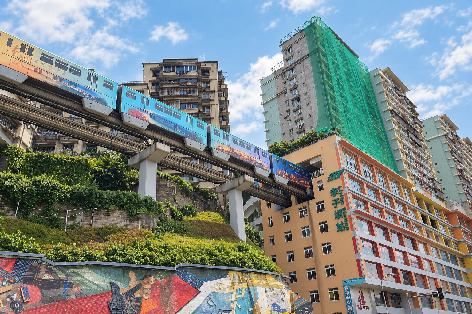 A monorail entering the apartment building at Liziba station