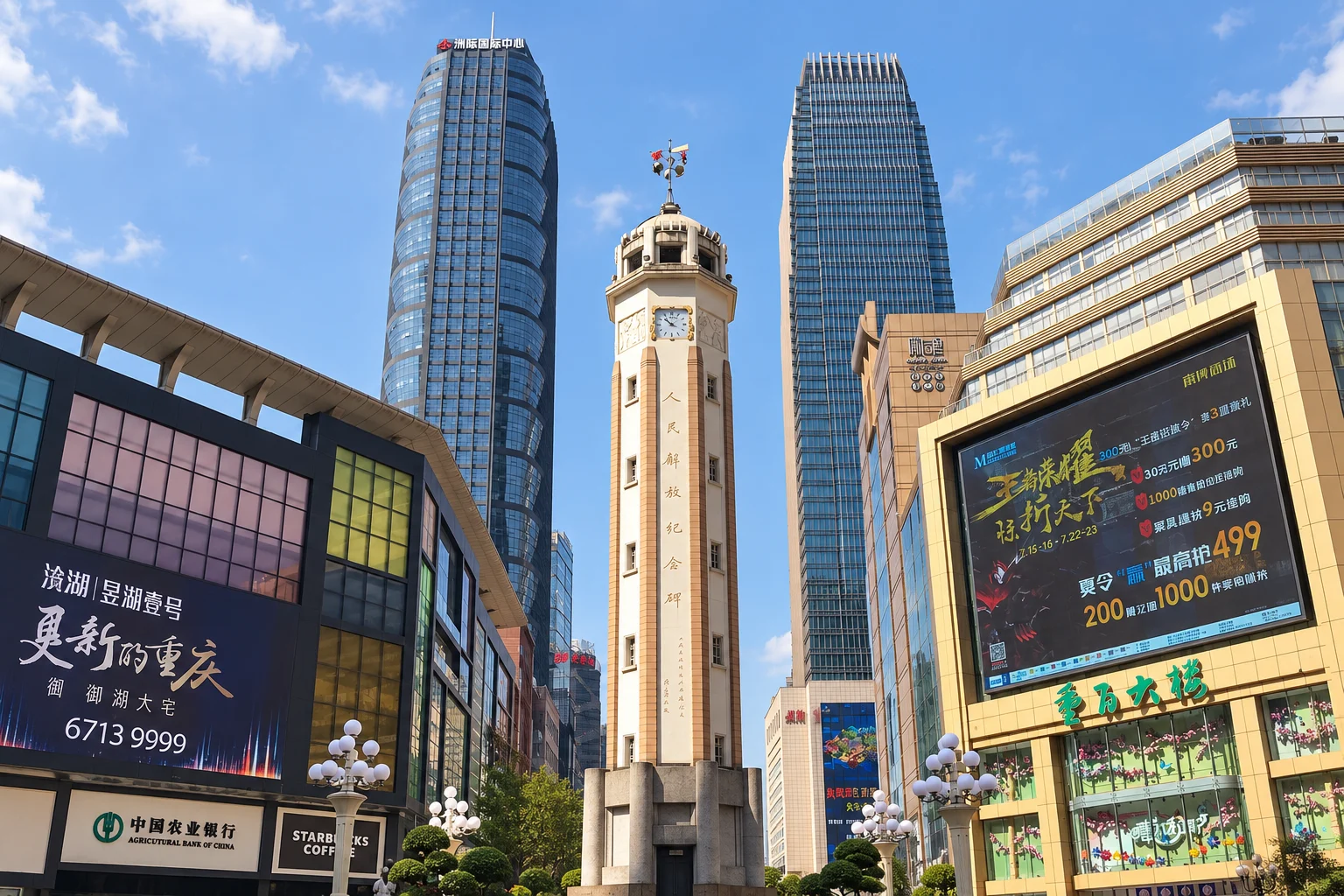 The Liberation Monument clock tower framed by Jiefangbei skyscrapers