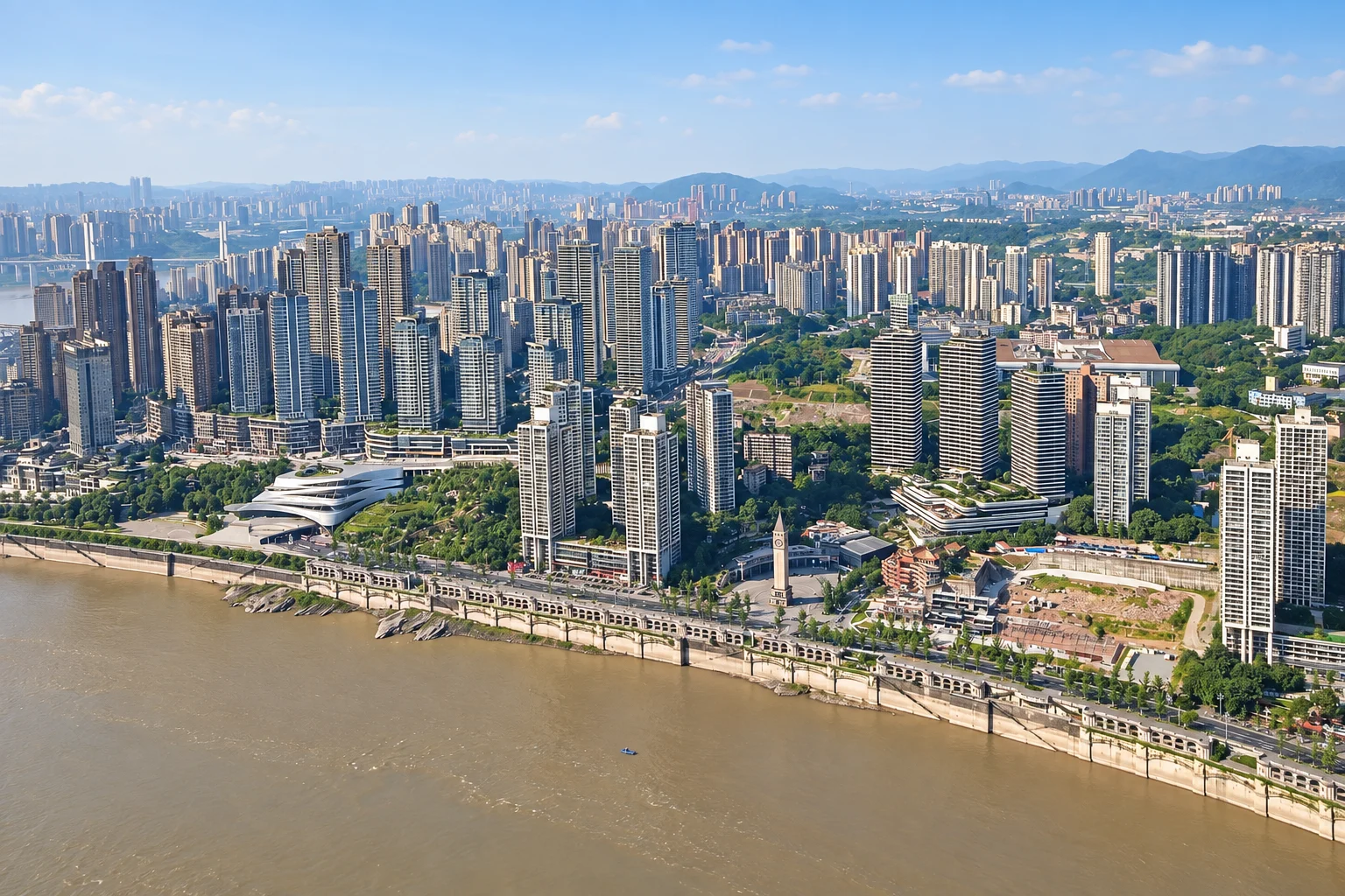 Nanbin Road, riverside buildings and a clock tower above the Yangtze