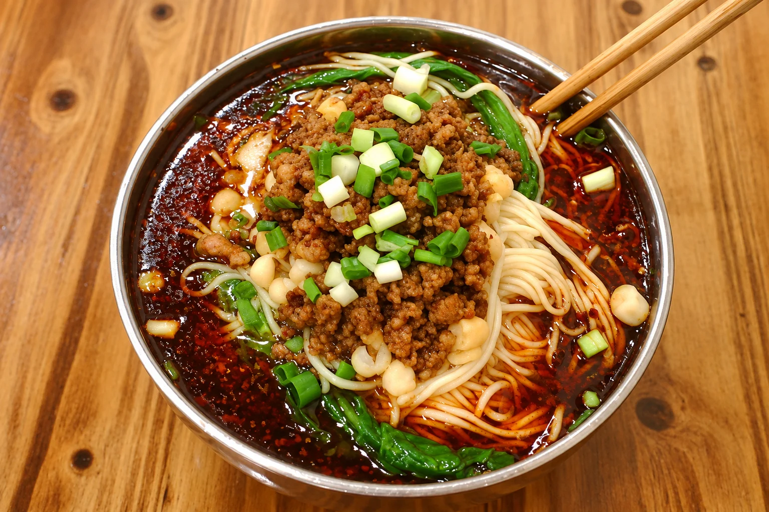 Chongqing noodles topped with minced meat, peas and scallions
