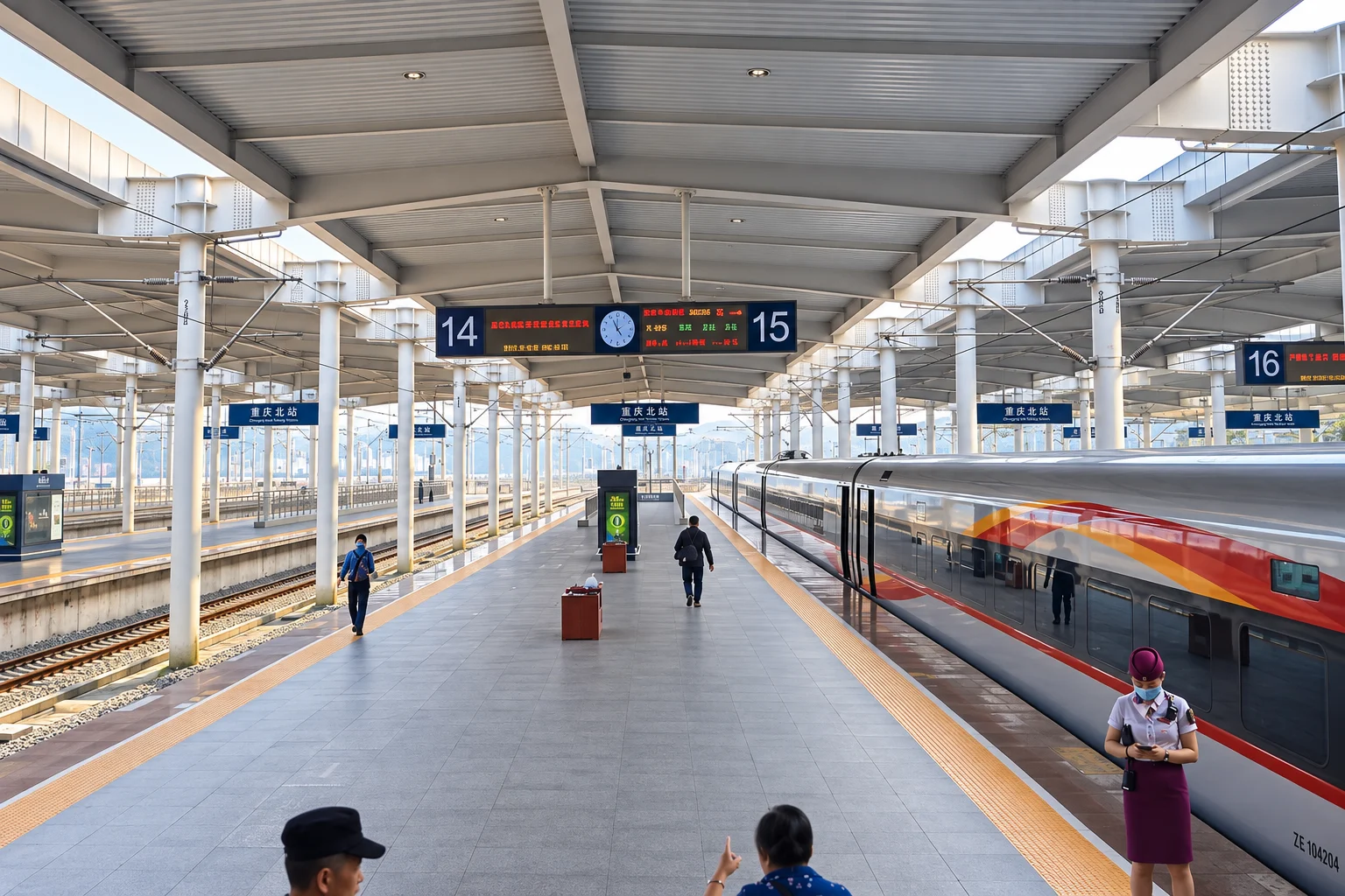 A train beside platforms 14 and 15 at Chongqing North railway station