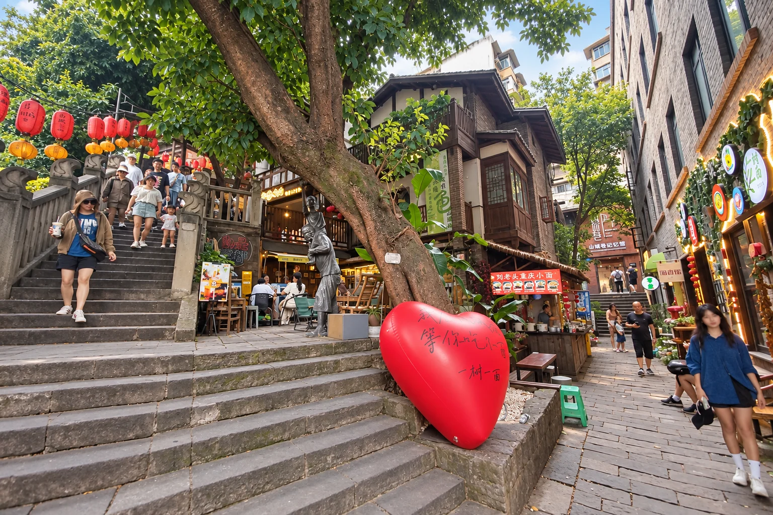 Stone steps, an old tree and shops along Shancheng Alley