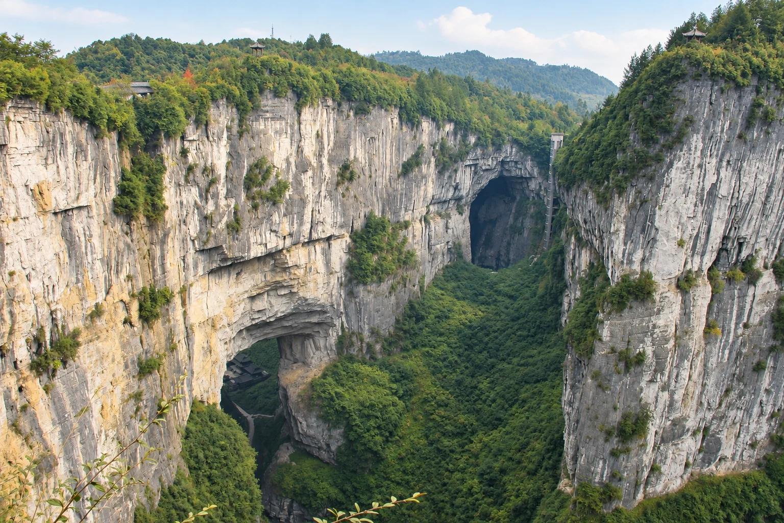 Limestone arches and forest at the Wulong Three Natural Bridges